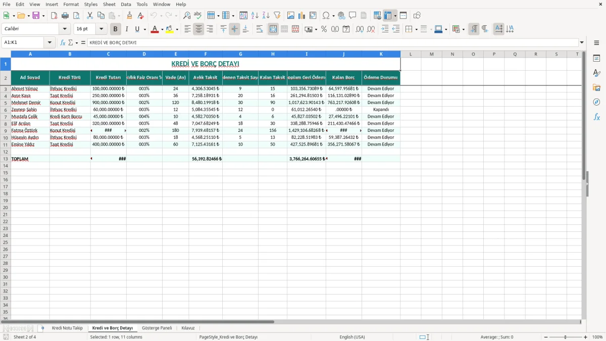 Ekran görüntüsü 2: Kredi ve Borç Detayı sekmesi - Excel şablonu kredi notu takip excel