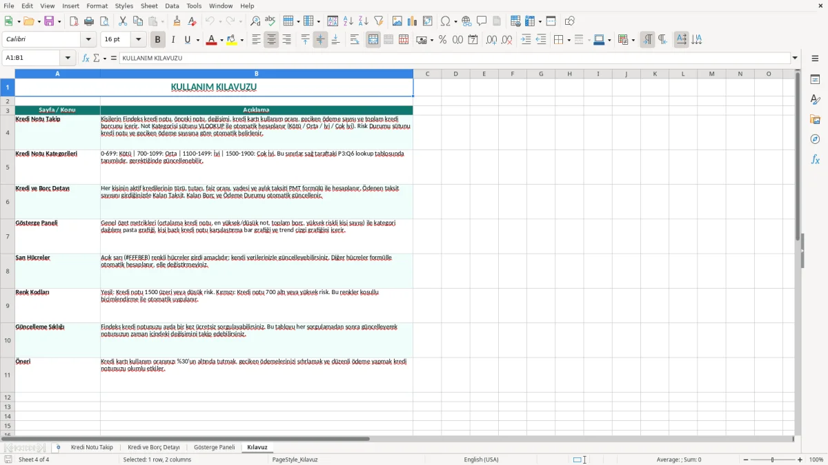 Ekran görüntüsü 4: Kılavuz sekmesi - Excel şablonu kredi notu takip excel