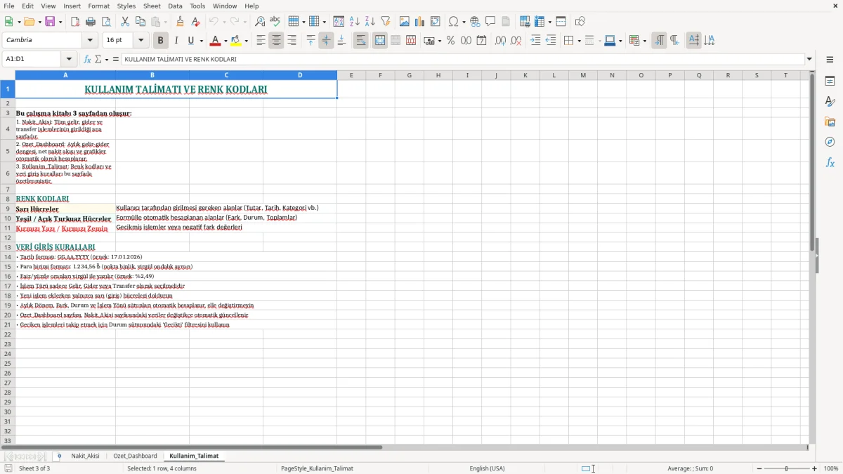 Ekran görüntüsü 3: Kullanim_Talimat sekmesi - Excel şablonu nakit akisi takibi excel