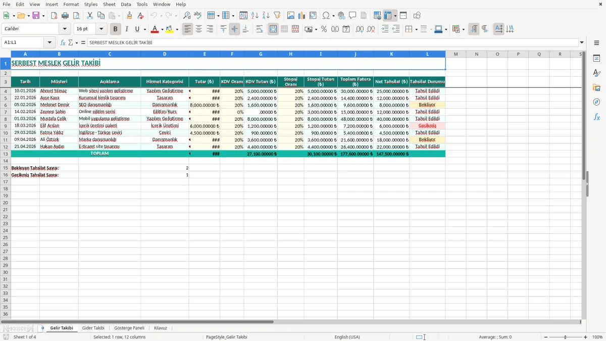 Ekran görüntüsü 1: Gelir Takibi sekmesi - Excel şablonu serbest meslek gelir gider excel