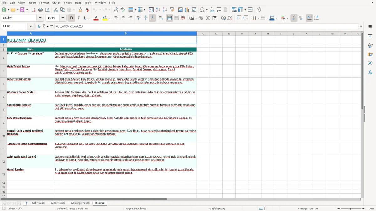 Ekran görüntüsü 4: Kılavuz sekmesi - Excel şablonu serbest meslek gelir gider excel