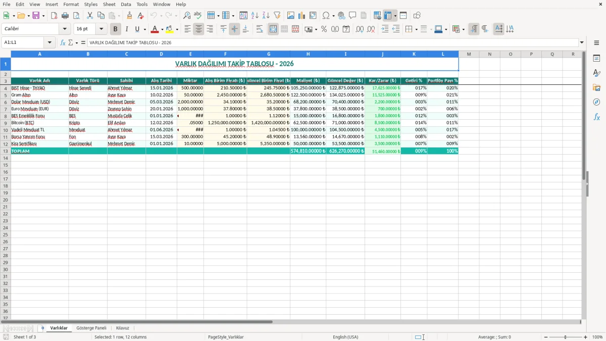 Ekran görüntüsü 1: Varlıklar sekmesi - Excel şablonu varlik dagilimi takibi excel