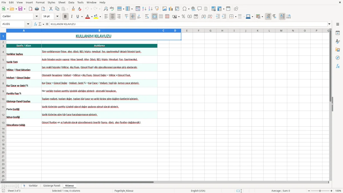 Ekran görüntüsü 3: Kılavuz sekmesi - Excel şablonu varlik dagilimi takibi excel