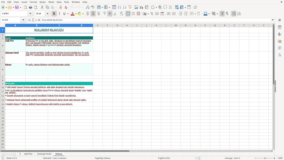 Ekran görüntüsü 3: Kılavuz sekmesi - Excel şablonu yillik tasarruf plani excel