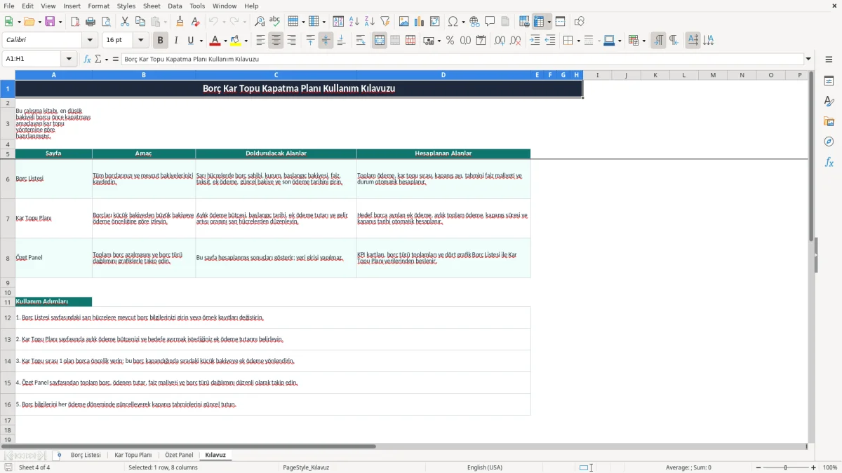Ekran görüntüsü 4: Kılavuz sekmesi - Excel şablonu borc kar topu kapatma plani excel