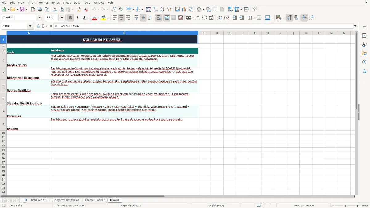 Ekran görüntüsü 4: Kılavuz sekmesi - Excel şablonu iki kredi birlestirme hesaplama excel