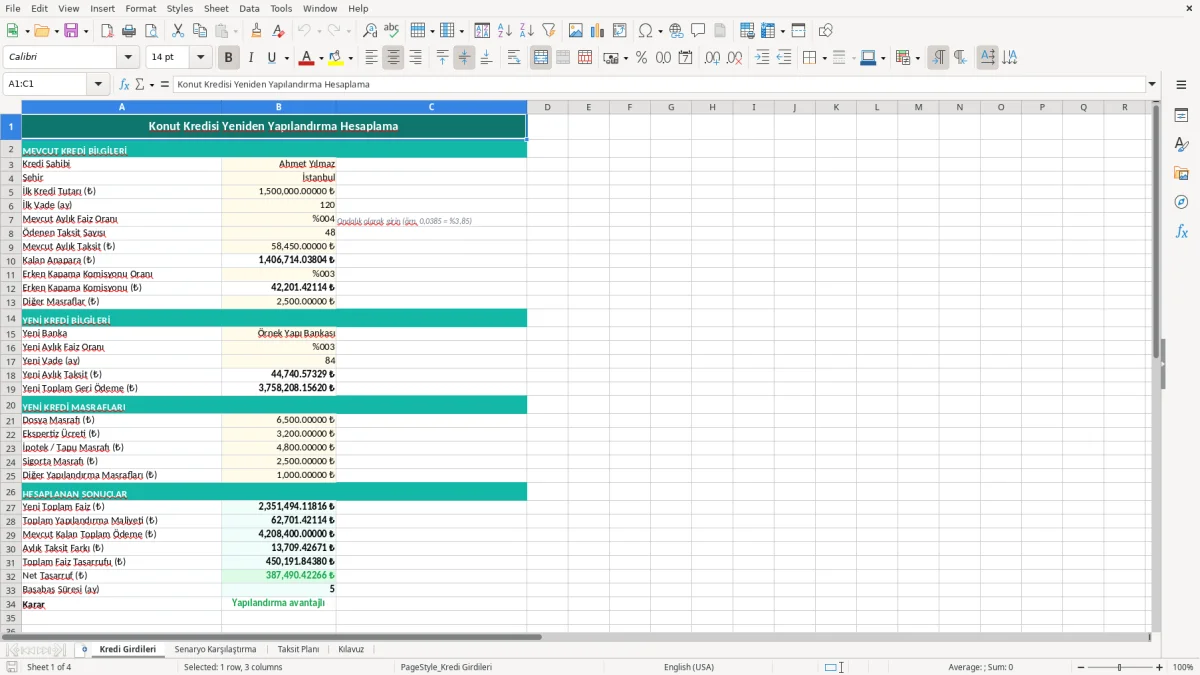 Ekran görüntüsü 1: Kredi Girdileri sekmesi - Excel şablonu konut kredisi yeniden yapilandirma hesaplama excel