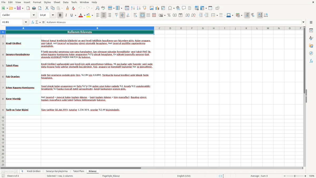 Ekran görüntüsü 4: Kılavuz sekmesi - Excel şablonu konut kredisi yeniden yapilandirma hesaplama excel
