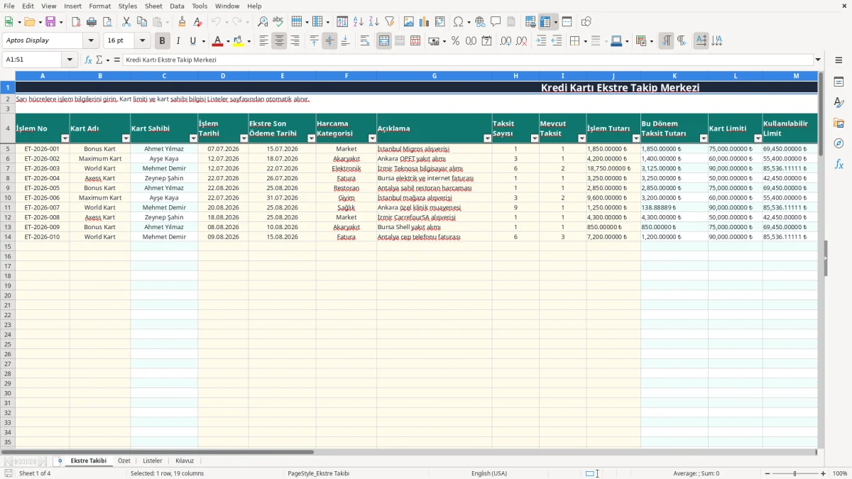 Ekran görüntüsü 1: Ekstre Takibi sekmesi - Excel şablonu kredi karti ekstre takip excel