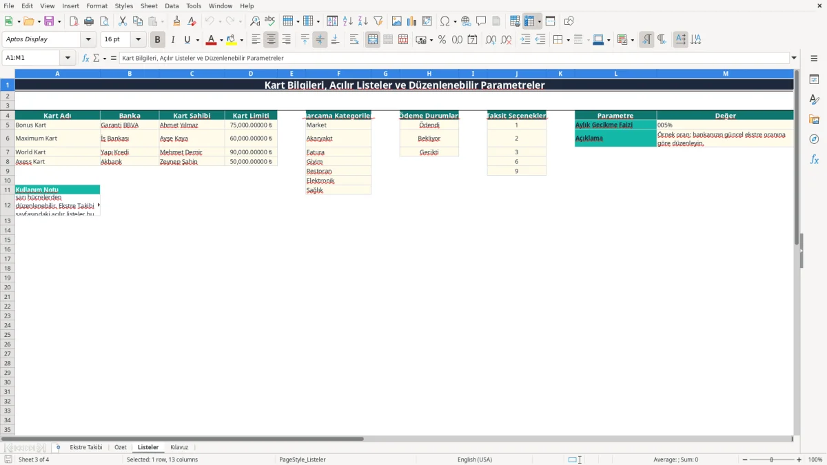 Ekran görüntüsü 3: Listeler sekmesi - Excel şablonu kredi karti ekstre takip excel