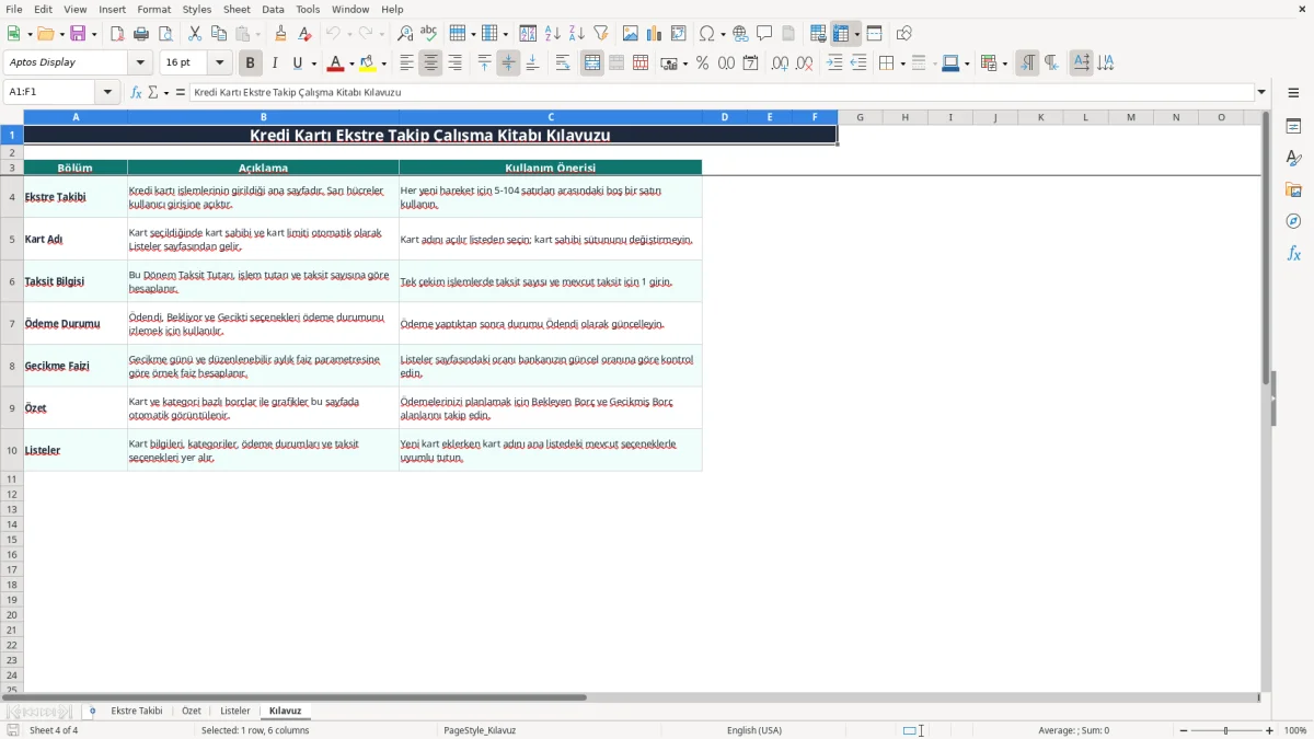 Ekran görüntüsü 4: Kılavuz sekmesi - Excel şablonu kredi karti ekstre takip excel