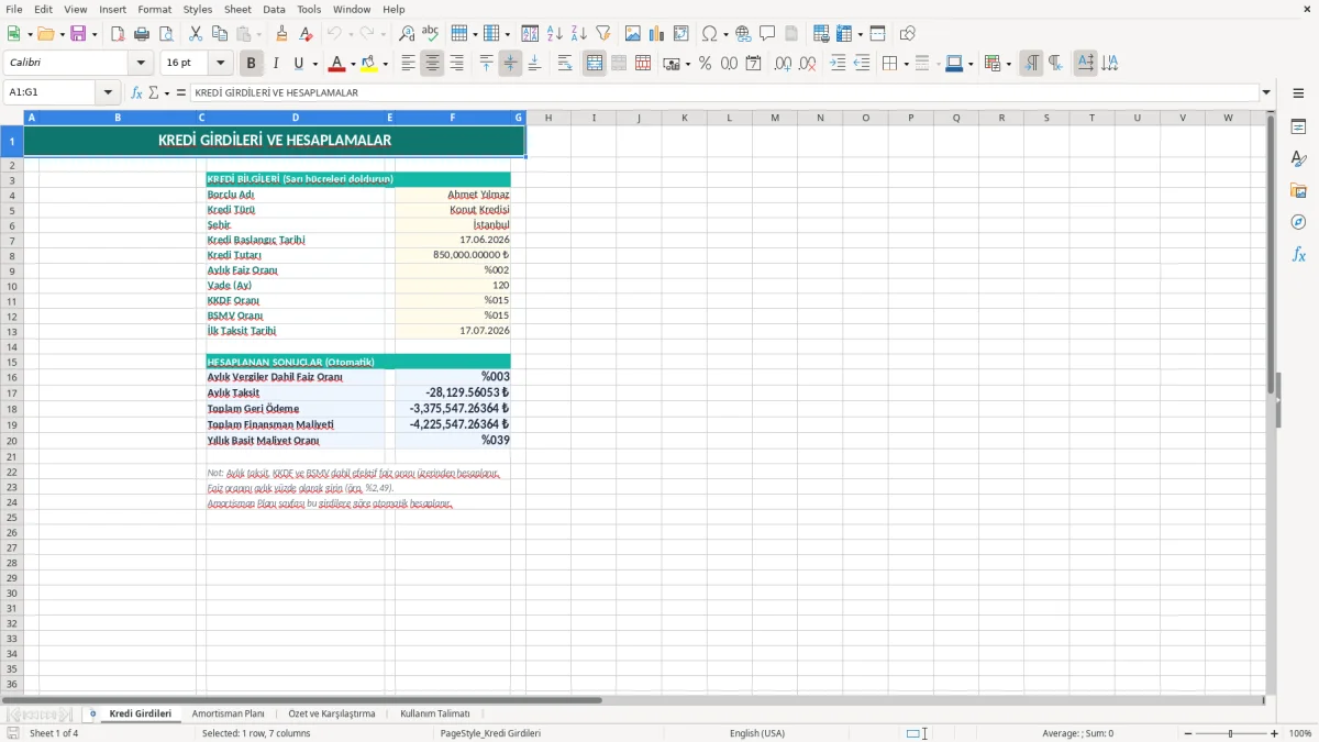 Ekran görüntüsü 1: Kredi Girdileri sekmesi - Excel şablonu kredi taksit odeme plani amortisman excel