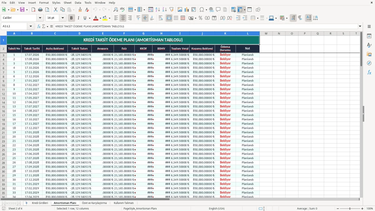 Ekran görüntüsü 2: Amortisman Planı sekmesi - Excel şablonu kredi taksit odeme plani amortisman excel