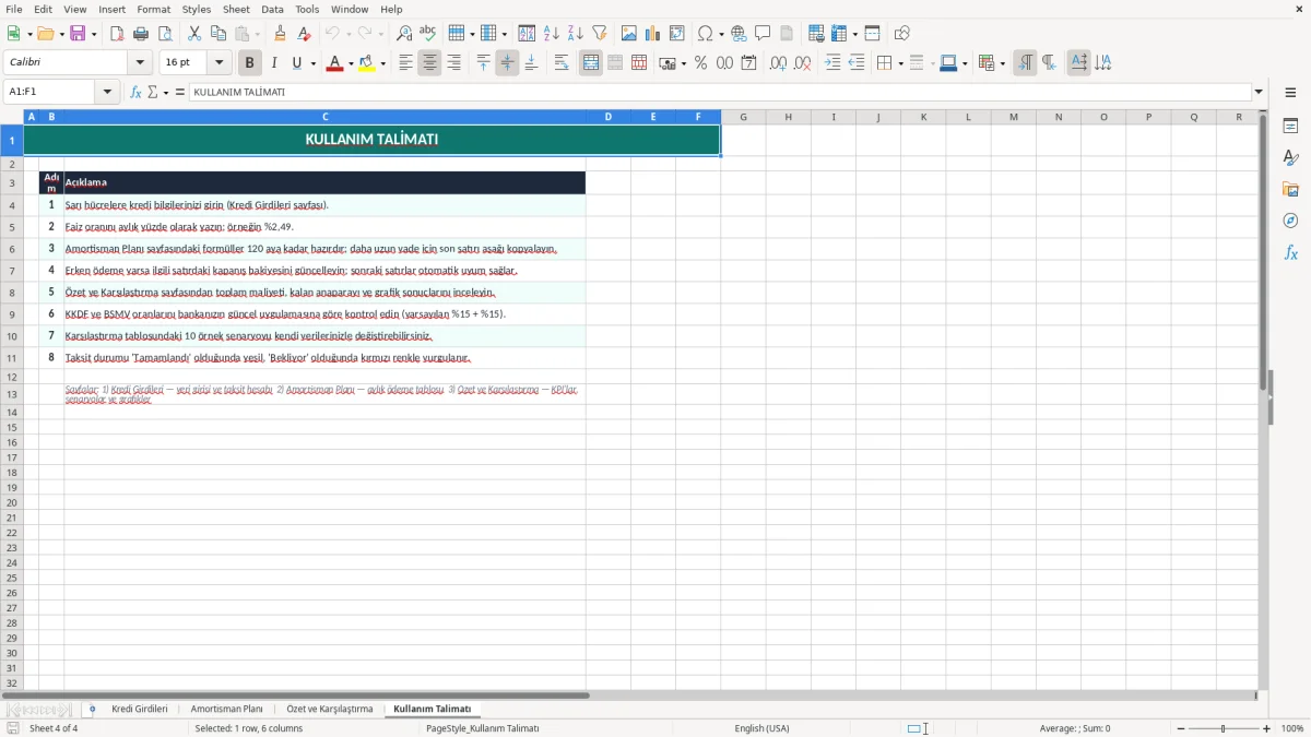 Ekran görüntüsü 4: Kullanım Talimatı sekmesi - Excel şablonu kredi taksit odeme plani amortisman excel