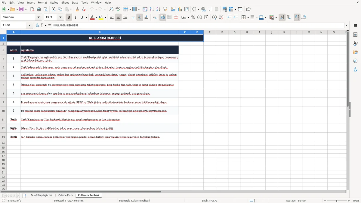 Ekran görüntüsü 3: Kullanım Rehberi sekmesi - Excel şablonu kredi yapilandirma karsilastirma excel