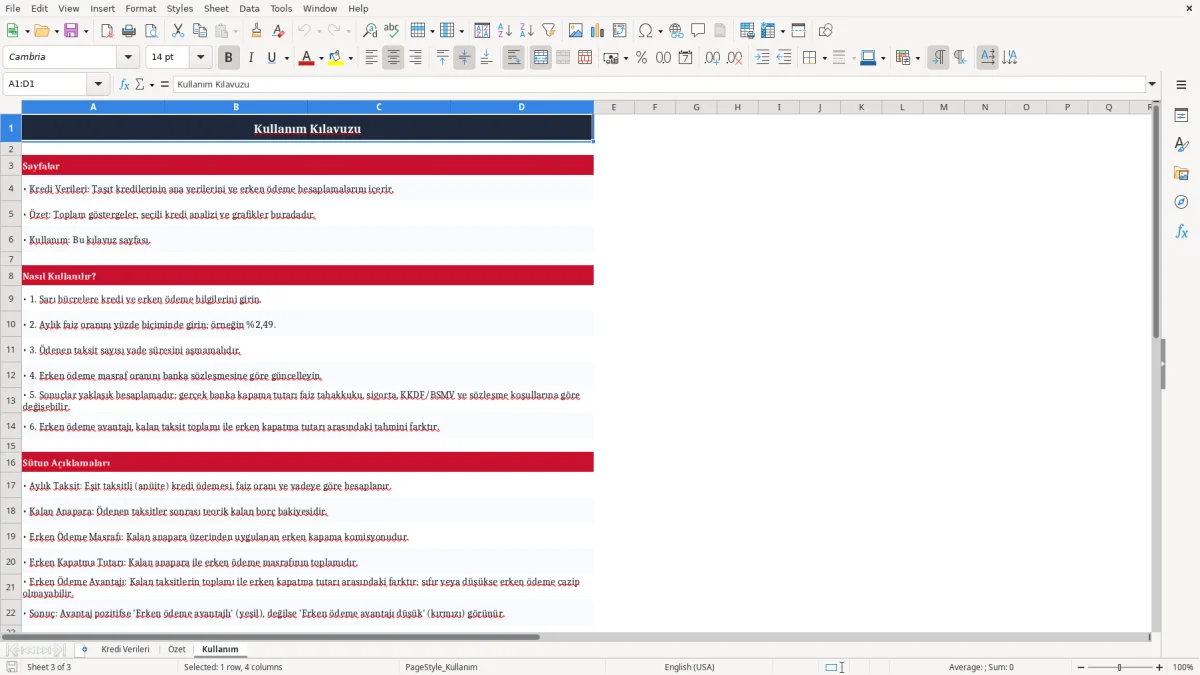 Ekran görüntüsü 3: Kullanım sekmesi - Excel şablonu tasit kredisi erken odeme hesaplama excel