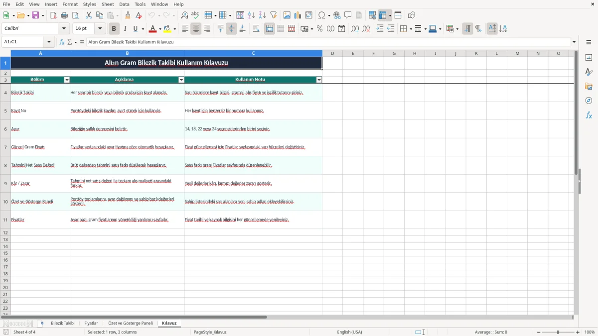 Ekran görüntüsü 4: Kılavuz sekmesi - Excel şablonu altin gram bilezik takibi excel