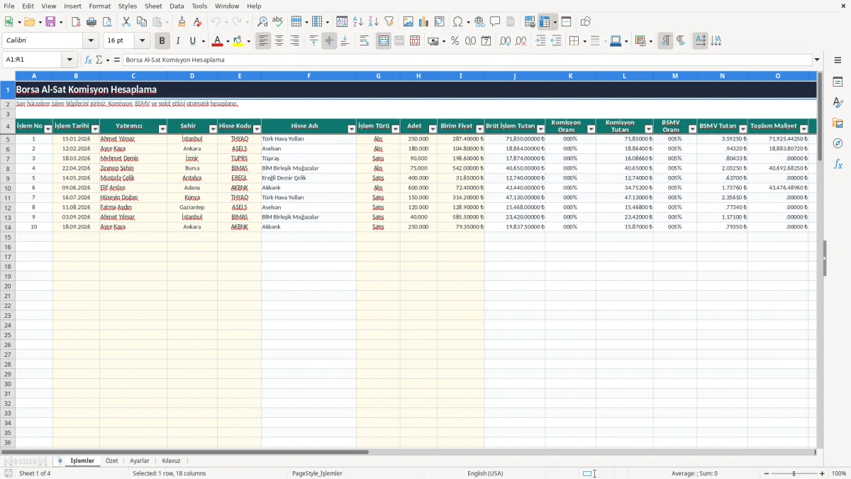 Ekran görüntüsü 1: İşlemler sekmesi - Excel şablonu borsa al sat komisyon hesaplama excel