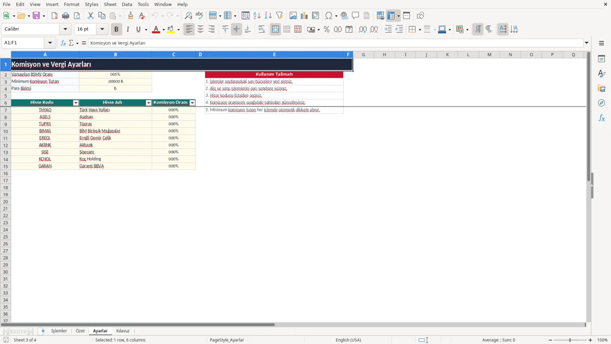 Ekran görüntüsü 3: Ayarlar sekmesi - Excel şablonu borsa al sat komisyon hesaplama excel