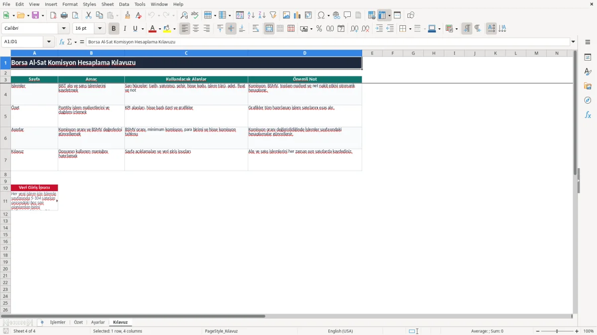 Ekran görüntüsü 4: Kılavuz sekmesi - Excel şablonu borsa al sat komisyon hesaplama excel