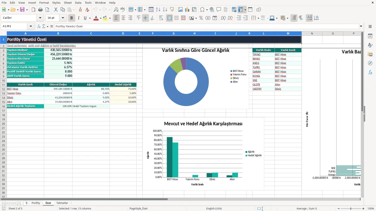 Ekran görüntüsü 2: Özet sekmesi - Excel şablonu borsa portfoy agirlik dagilimi excel