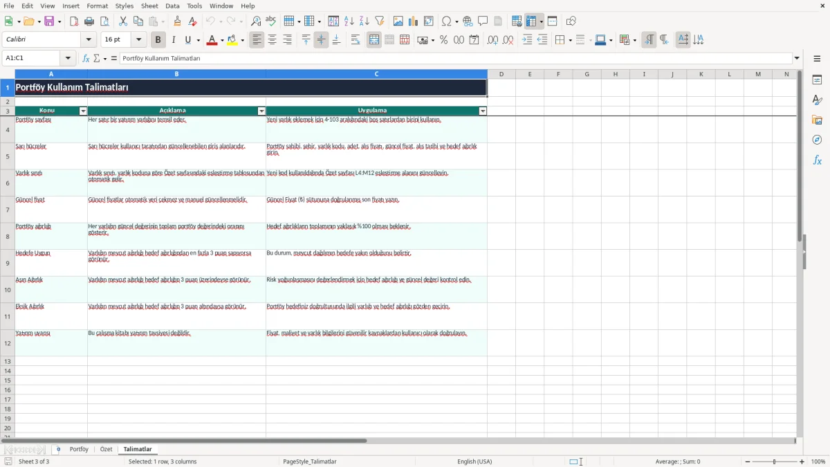Ekran görüntüsü 3: Talimatlar sekmesi - Excel şablonu borsa portfoy agirlik dagilimi excel