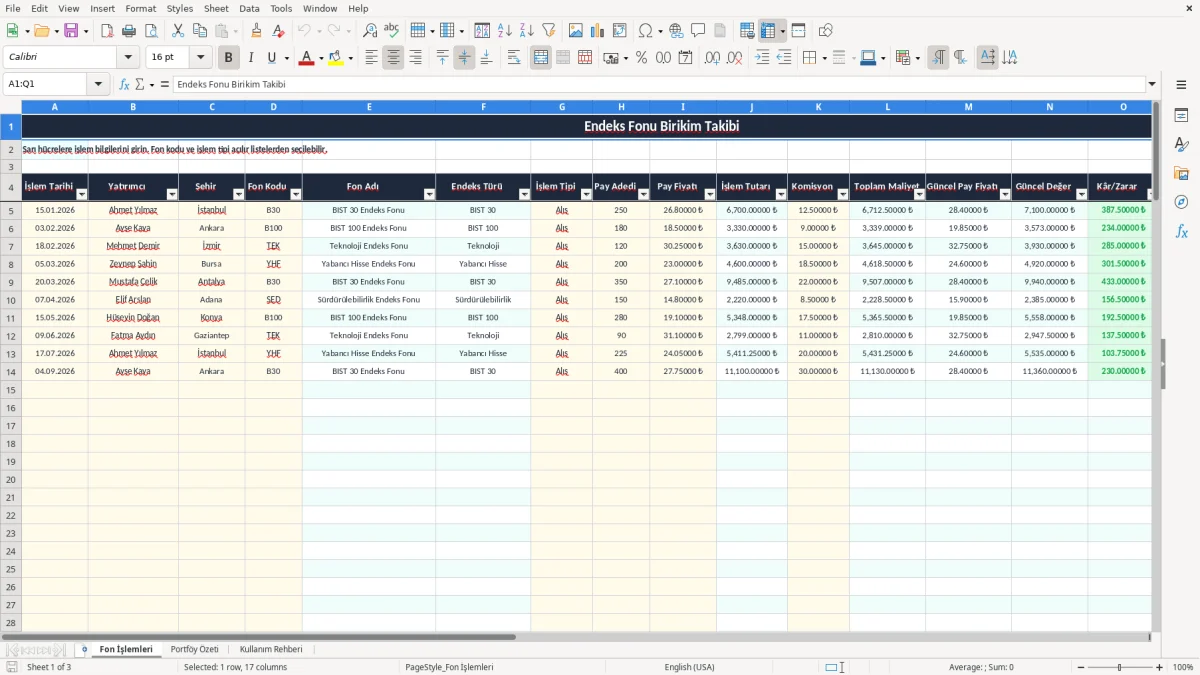 Ekran görüntüsü 1: Fon İşlemleri sekmesi - Excel şablonu endeks fonu birikim takibi excel