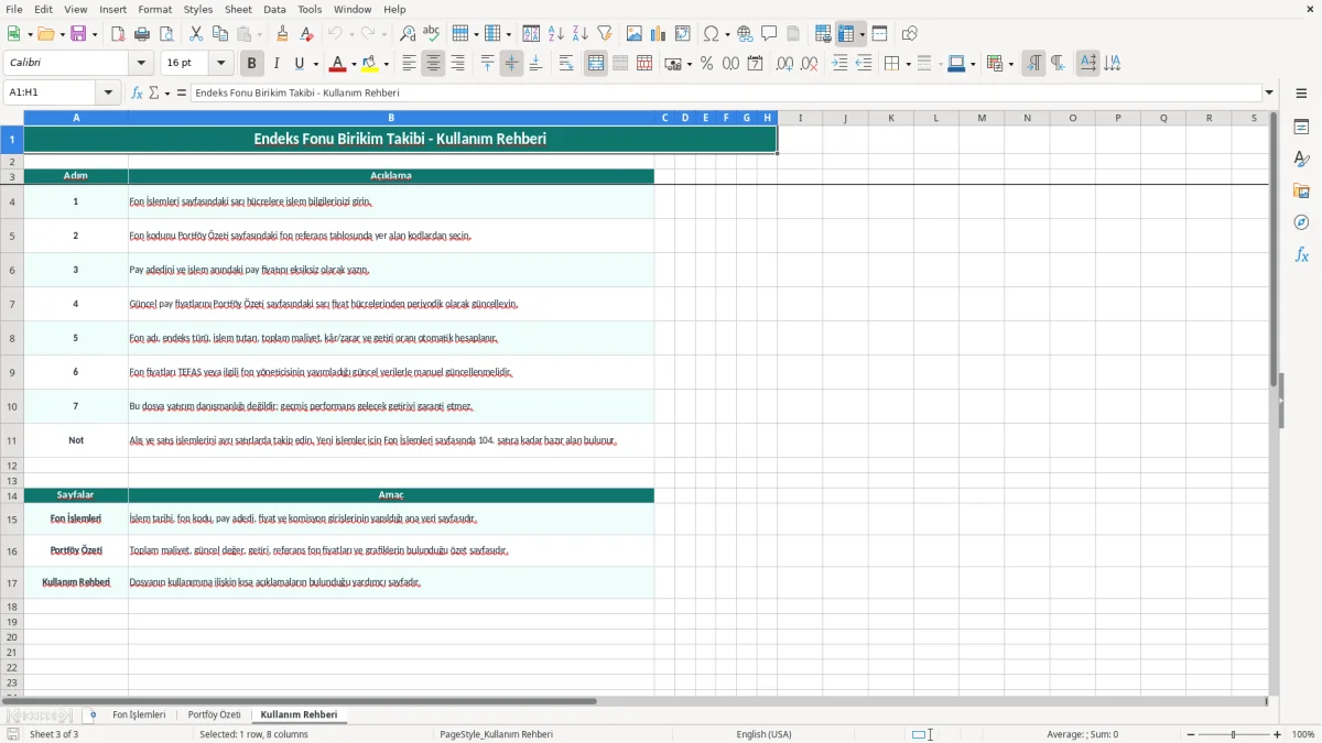 Ekran görüntüsü 3: Kullanım Rehberi sekmesi - Excel şablonu endeks fonu birikim takibi excel