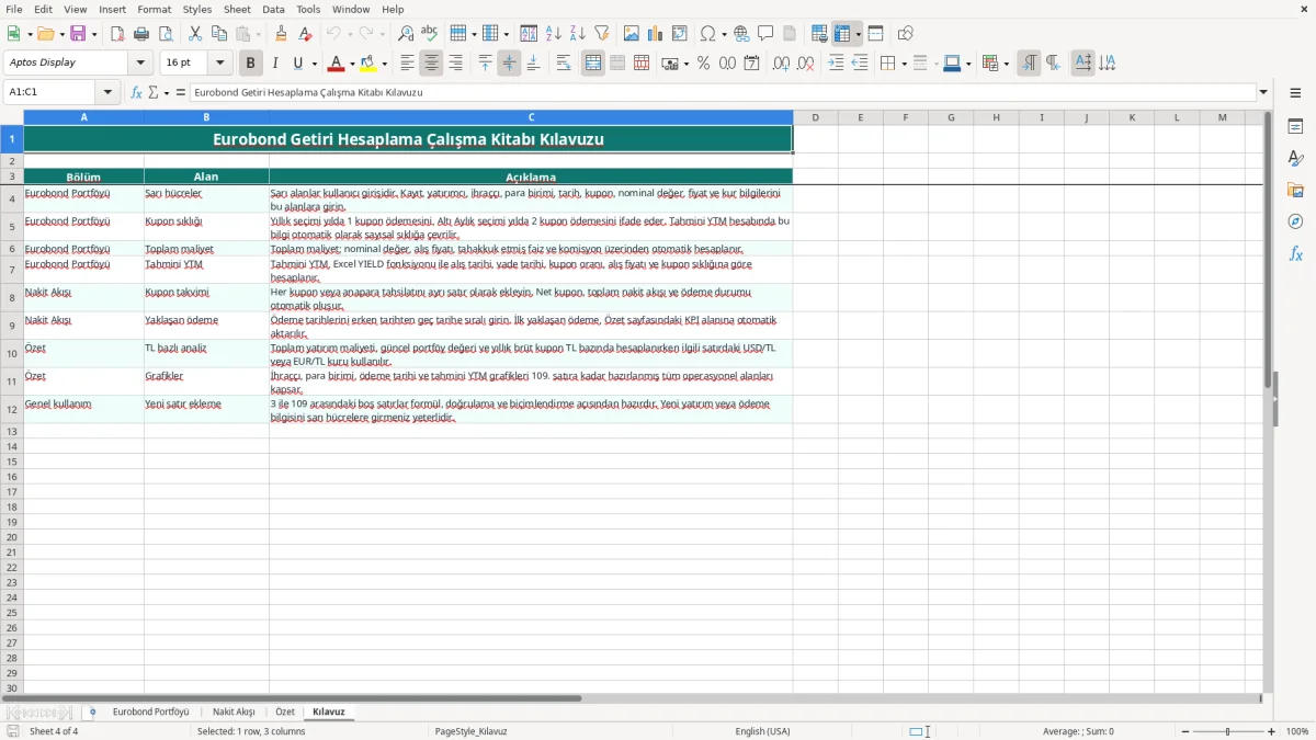 Ekran görüntüsü 4: Kılavuz sekmesi - Excel şablonu eurobond getiri hesaplama excel