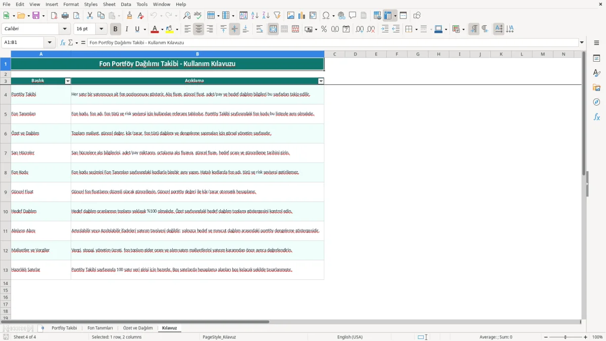 Ekran görüntüsü 4: Kılavuz sekmesi - Excel şablonu fon portfoy dagilimi takibi excel