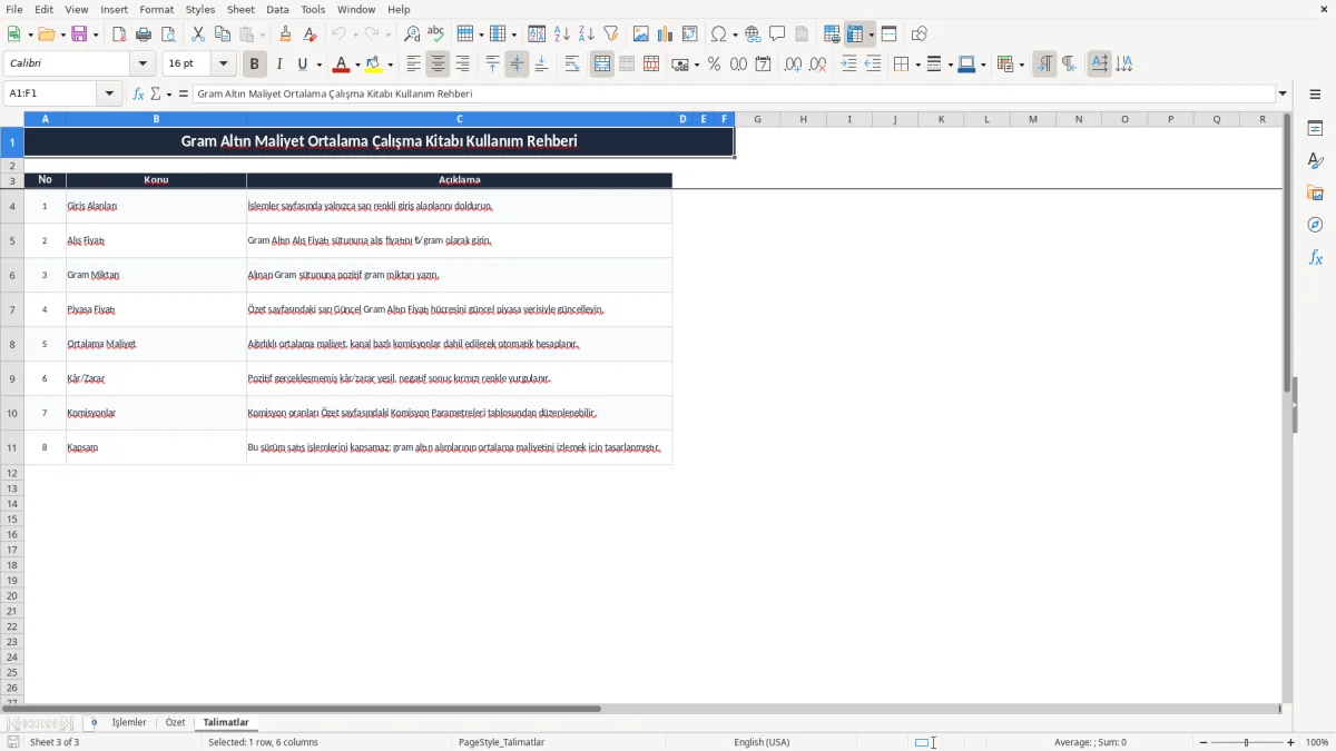Ekran görüntüsü 3: Talimatlar sekmesi - Excel şablonu gram altin maliyet ortalama excel