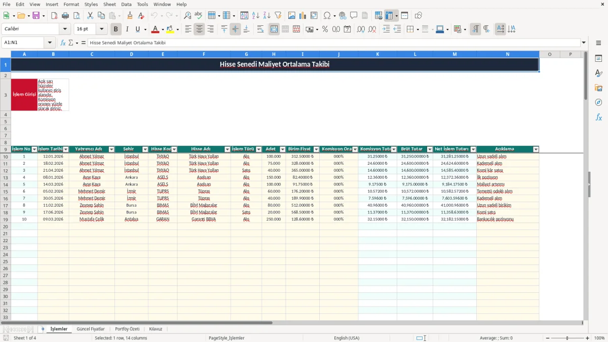 Ekran görüntüsü 1: İşlemler sekmesi - Excel şablonu hisse senedi maliyet ortalama takibi excel