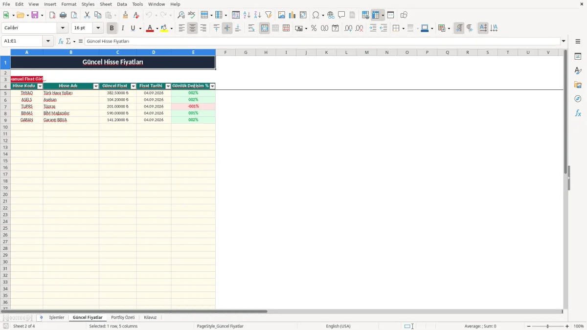 Ekran görüntüsü 2: Güncel Fiyatlar sekmesi - Excel şablonu hisse senedi maliyet ortalama takibi excel