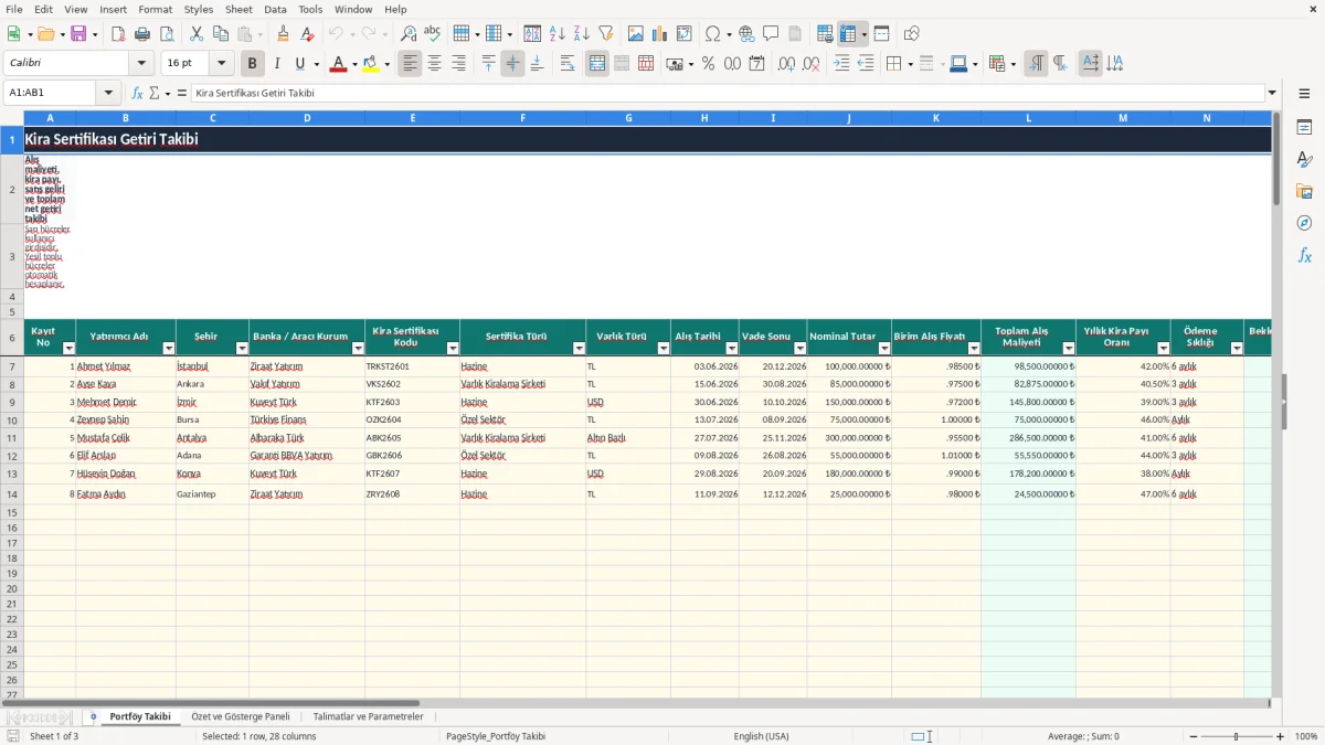 Ekran görüntüsü 1: Portföy Takibi sekmesi - Excel şablonu kira sertifikasi getiri takibi excel