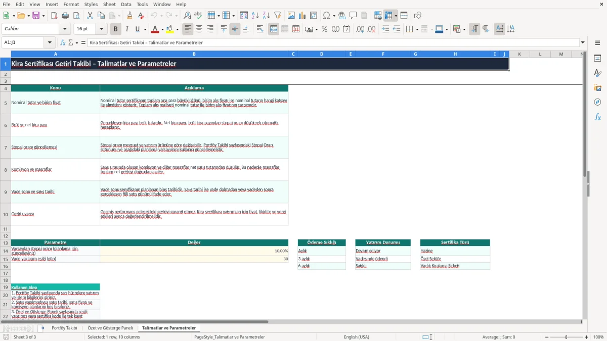 Ekran görüntüsü 3: Talimatlar ve Parametreler sekmesi - Excel şablonu kira sertifikasi getiri takibi excel