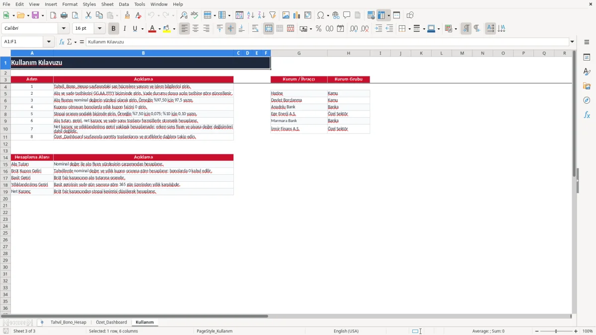 Ekran görüntüsü 3: Kullanım sekmesi - Excel şablonu tahvil bono faiz hesaplama excel