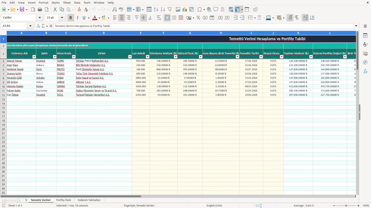 Ekran görüntüsü 1: Temettü Verileri sekmesi - Excel şablonu temettu verimi hesaplama excel