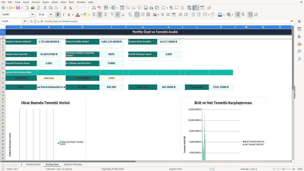 Ekran görüntüsü 2: Portföy Özeti sekmesi - Excel şablonu temettu verimi hesaplama excel