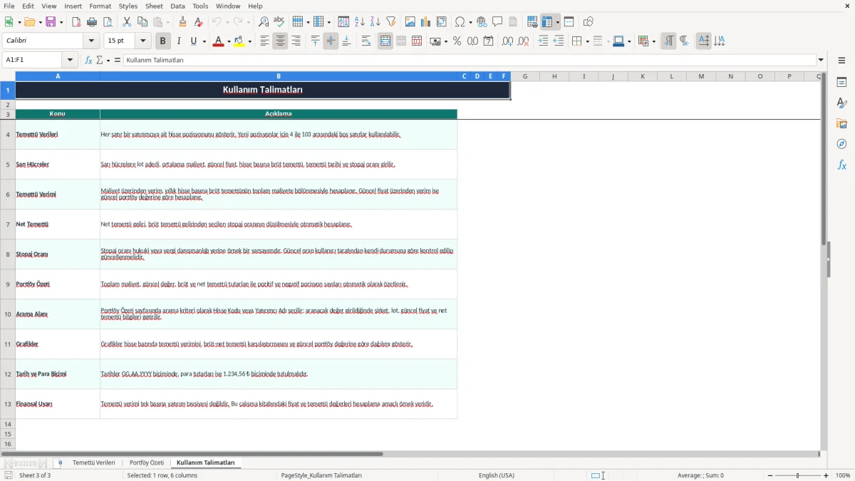 Ekran görüntüsü 3: Kullanım Talimatları sekmesi - Excel şablonu temettu verimi hesaplama excel