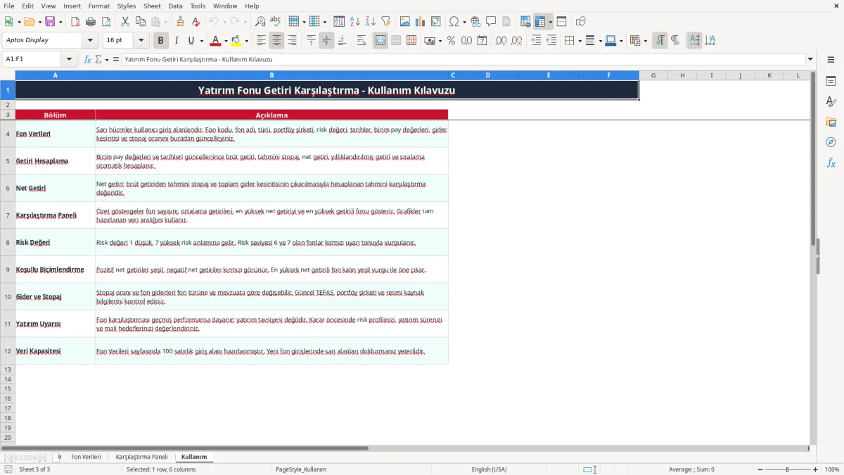 Ekran görüntüsü 3: Kullanım sekmesi - Excel şablonu yatirim fonu getiri karsilastirma excel