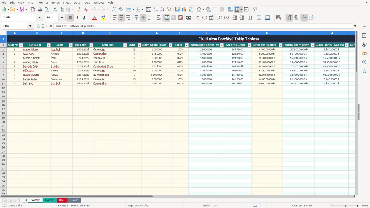 Ekran görüntüsü 1: Portföy sekmesi - Excel şablonu fiziki altin portfoy degeri excel
