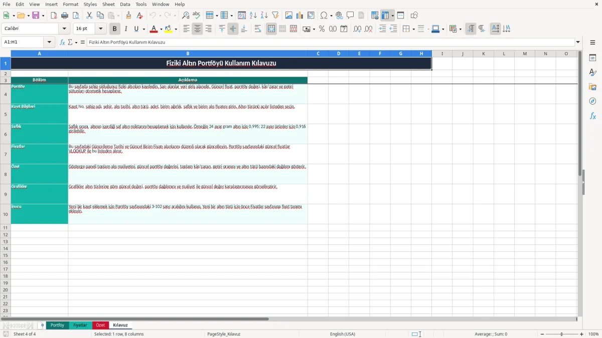 Ekran görüntüsü 4: Kılavuz sekmesi - Excel şablonu fiziki altin portfoy degeri excel