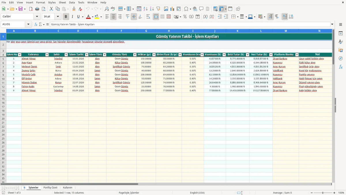 Ekran görüntüsü 1: İşlemler sekmesi - Excel şablonu gumus yatirim takibi excel