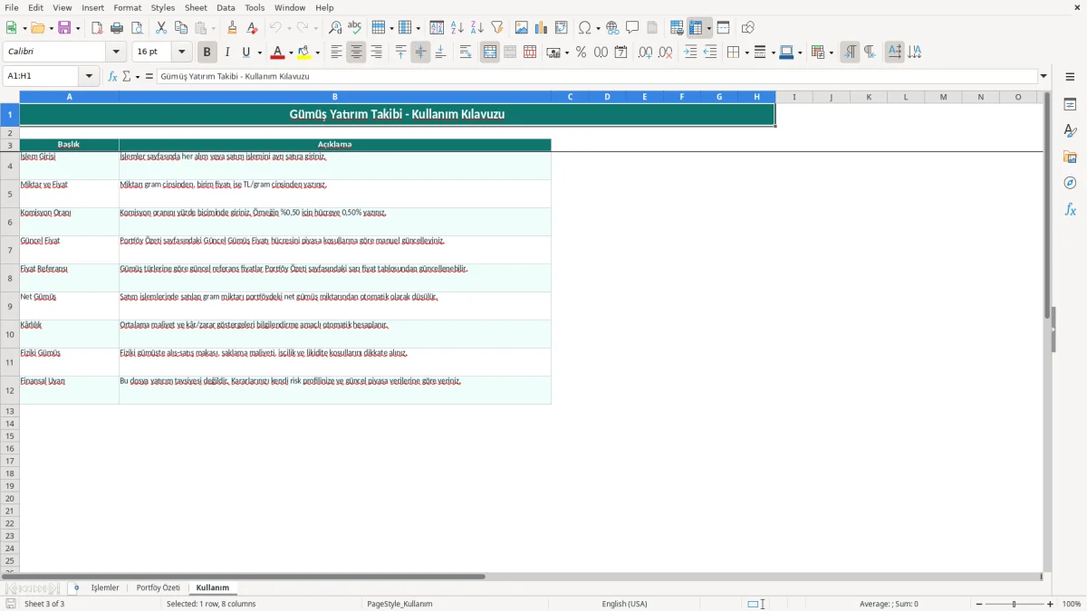 Ekran görüntüsü 3: Kullanım sekmesi - Excel şablonu gumus yatirim takibi excel