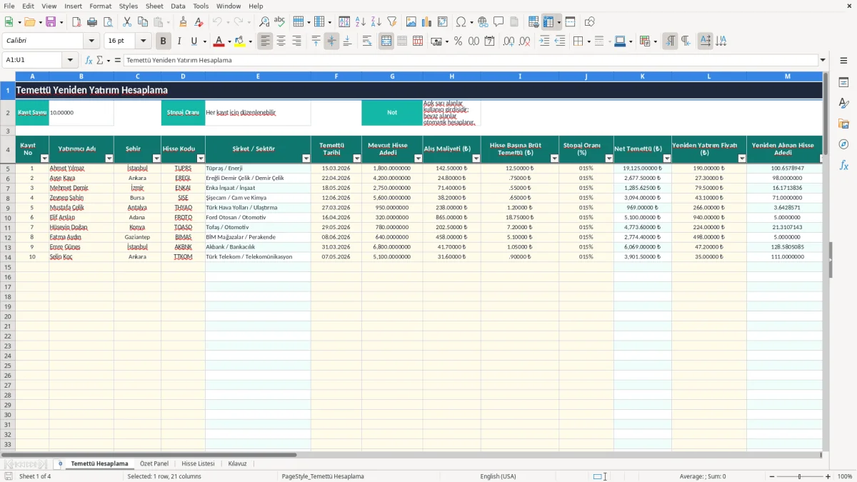 Ekran görüntüsü 1: Temettü Hesaplama sekmesi - Excel şablonu temettu yeniden yatirim hesaplama excel