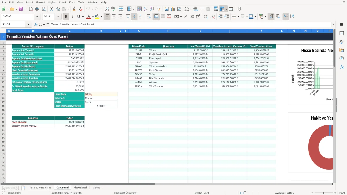 Ekran görüntüsü 2: Özet Panel sekmesi - Excel şablonu temettu yeniden yatirim hesaplama excel