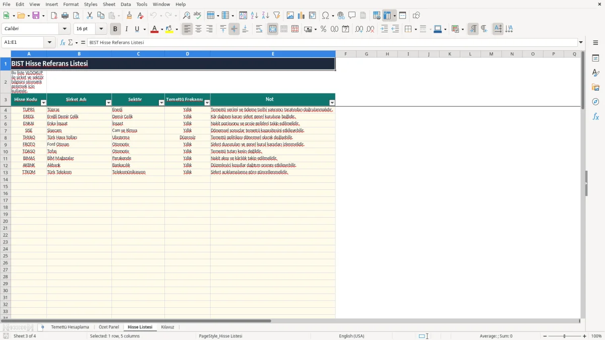 Ekran görüntüsü 3: Hisse Listesi sekmesi - Excel şablonu temettu yeniden yatirim hesaplama excel