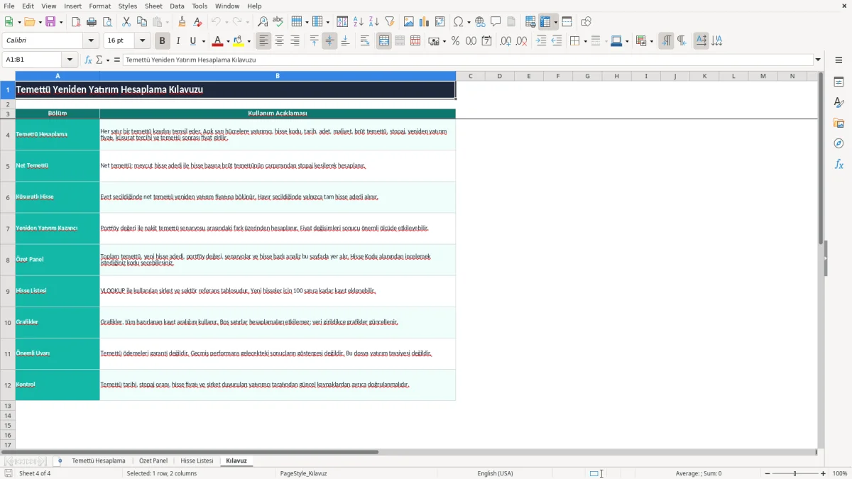 Ekran görüntüsü 4: Kılavuz sekmesi - Excel şablonu temettu yeniden yatirim hesaplama excel